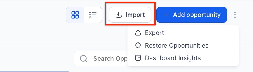 Import button interface in Ascendea platform, featuring options to add opportunities, export data, restore opportunities, and access dashboard insights.