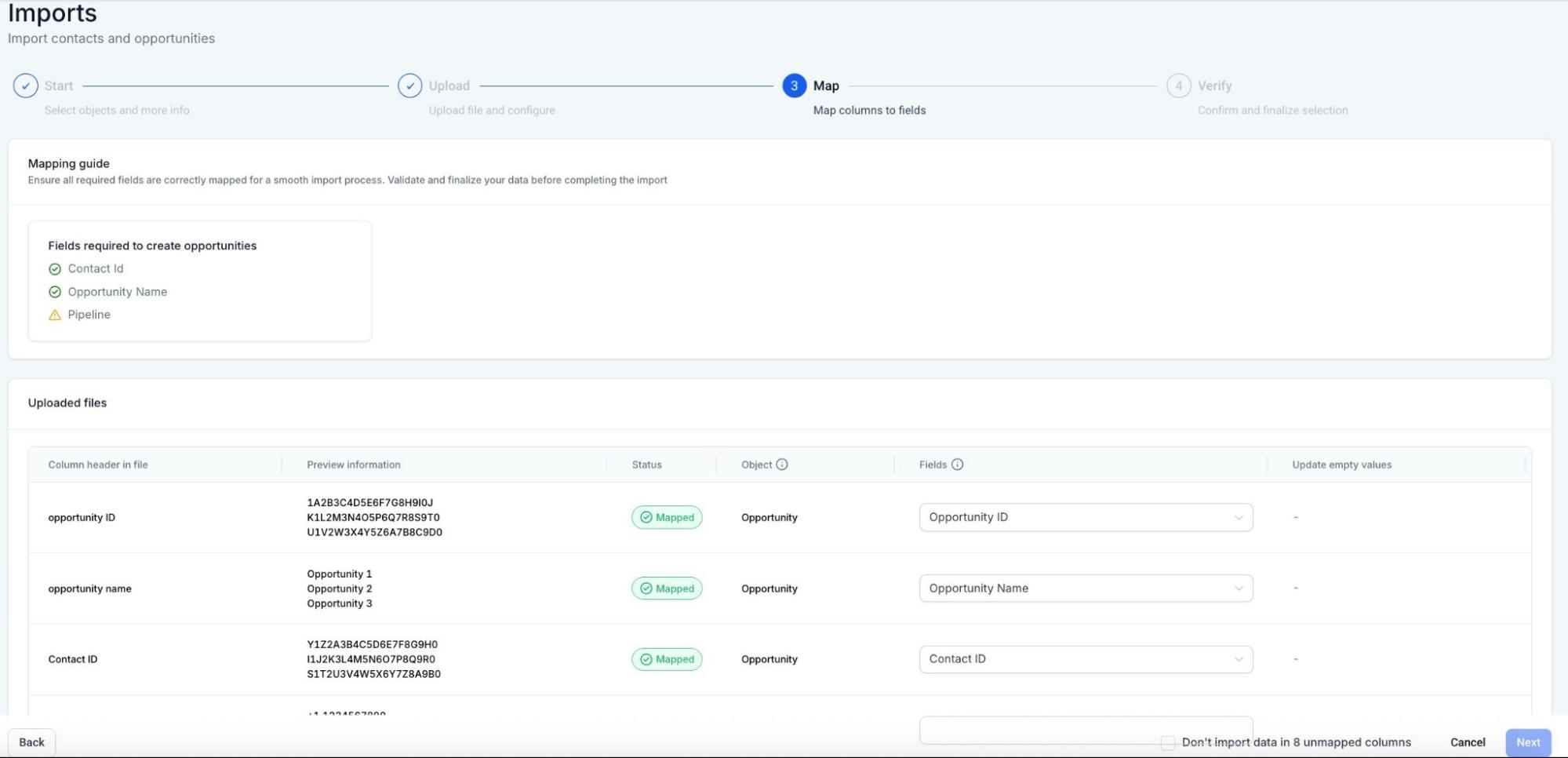 Mapping guide for importing opportunities into Ascendea platform, showing required fields like Contact Id, Opportunity Name, and Pipeline, with uploaded files and their status.