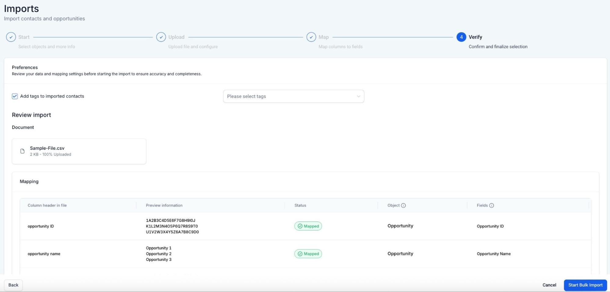 Import review interface displaying uploaded CSV file with opportunity mapping details and status indicators for successful data import into Ascendea platform.